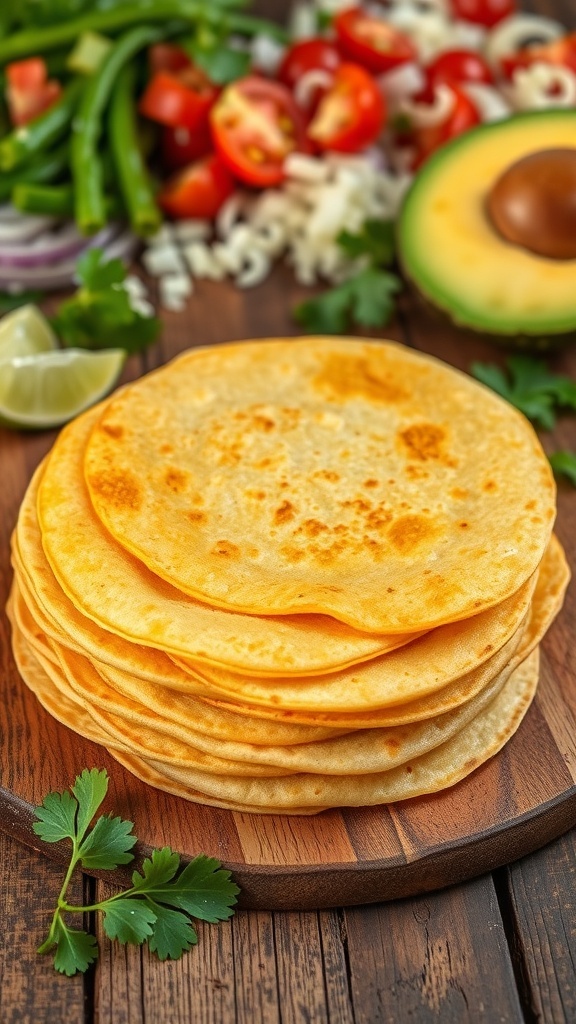 Homemade Corn Tortillas Recipe A stack of warm corn tortillas on a wooden table with fresh ingredients for tacos.